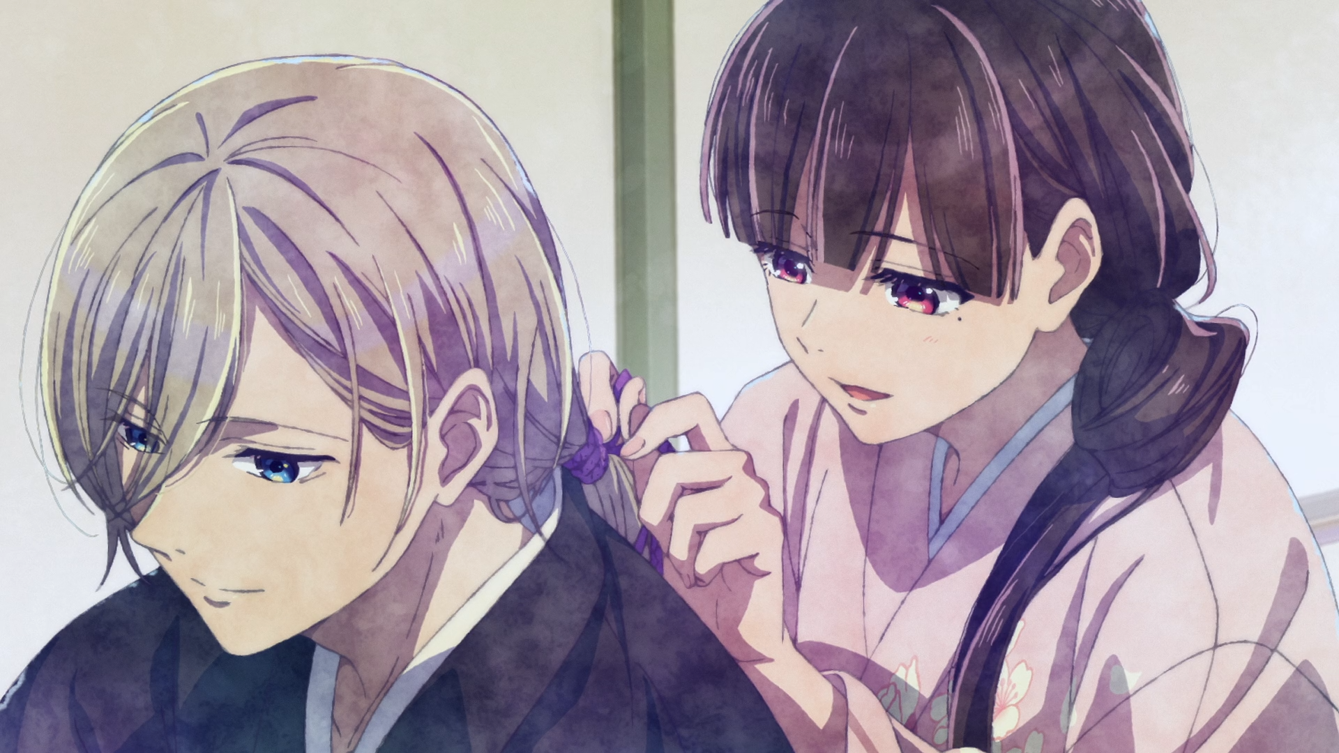 HD PC desktop wallpaper of My Happy Marriage anime: Miyo Saimori tenderly fixing Kiyoka Kudou’s hair in a soft watercolor-style portrait.