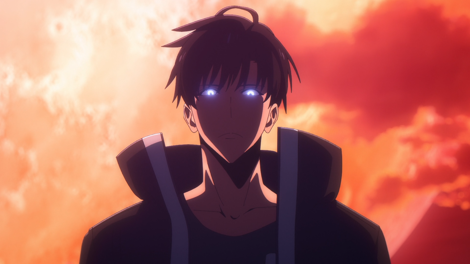 HD PC desktop wallpaper featuring Sung Jin-Woo from the anime Solo Leveling, with glowing eyes against a dramatic orange sky background.