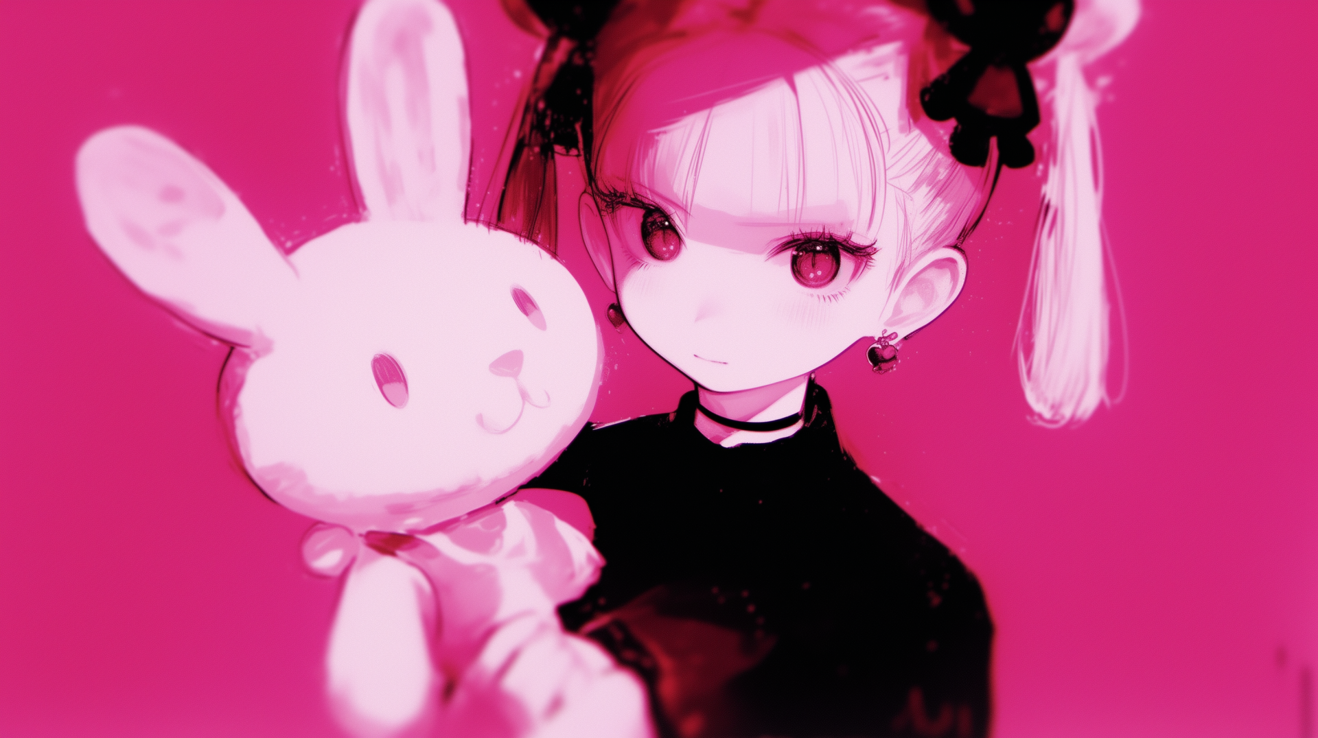 A pink anime wallpaper featuring My Melody from Onegai My Melody, showcasing a character holding a white bunny plush against a vibrant pink background.