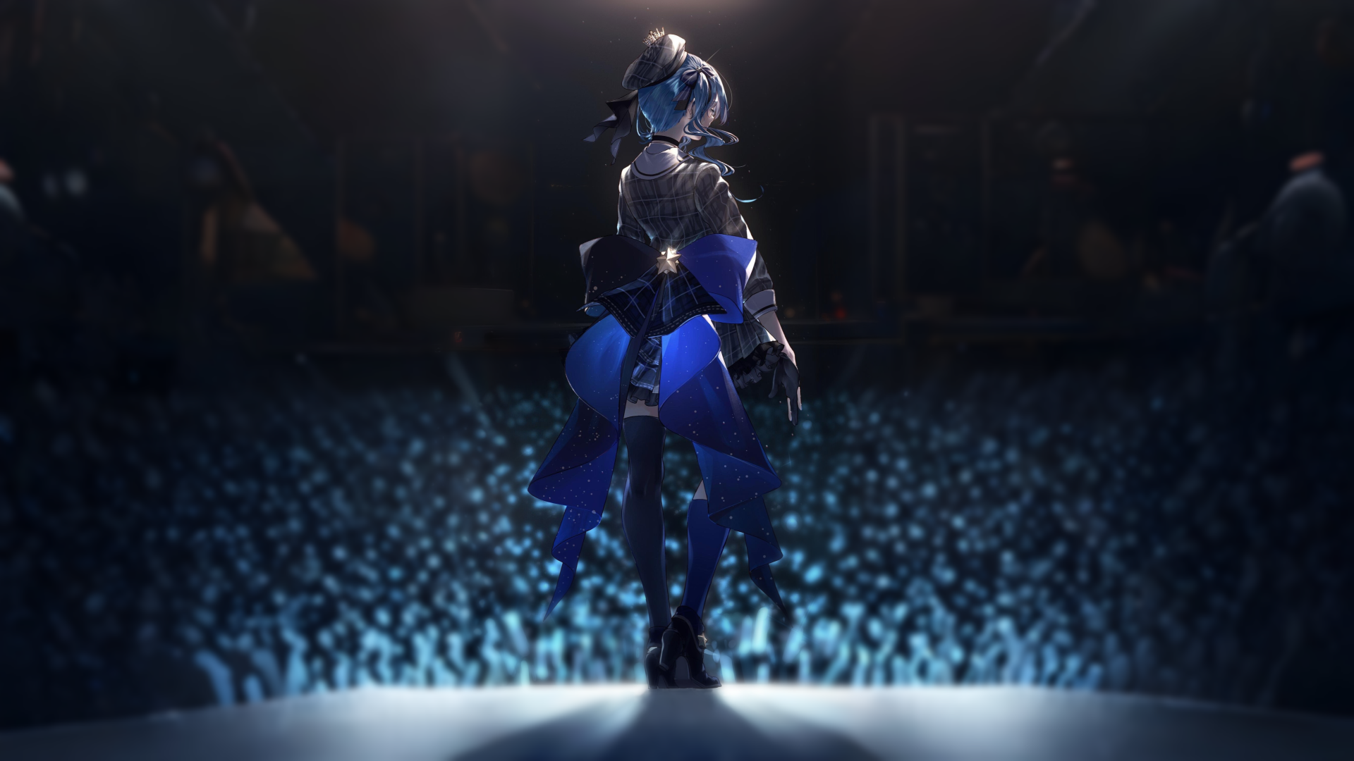 4K Ultra HD anime wallpaper featuring Hoshimachi Suisei from hololive, depicted as a Virtual YouTuber standing on stage in futuristic armor before a glowing audience.