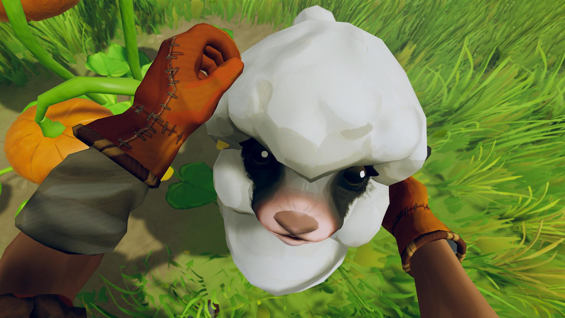 Close-up 4K Ultra HD view from the video game Aloft, showing a first-person perspective of hands petting a fluffy white animal in a vibrant green outdoor setting.