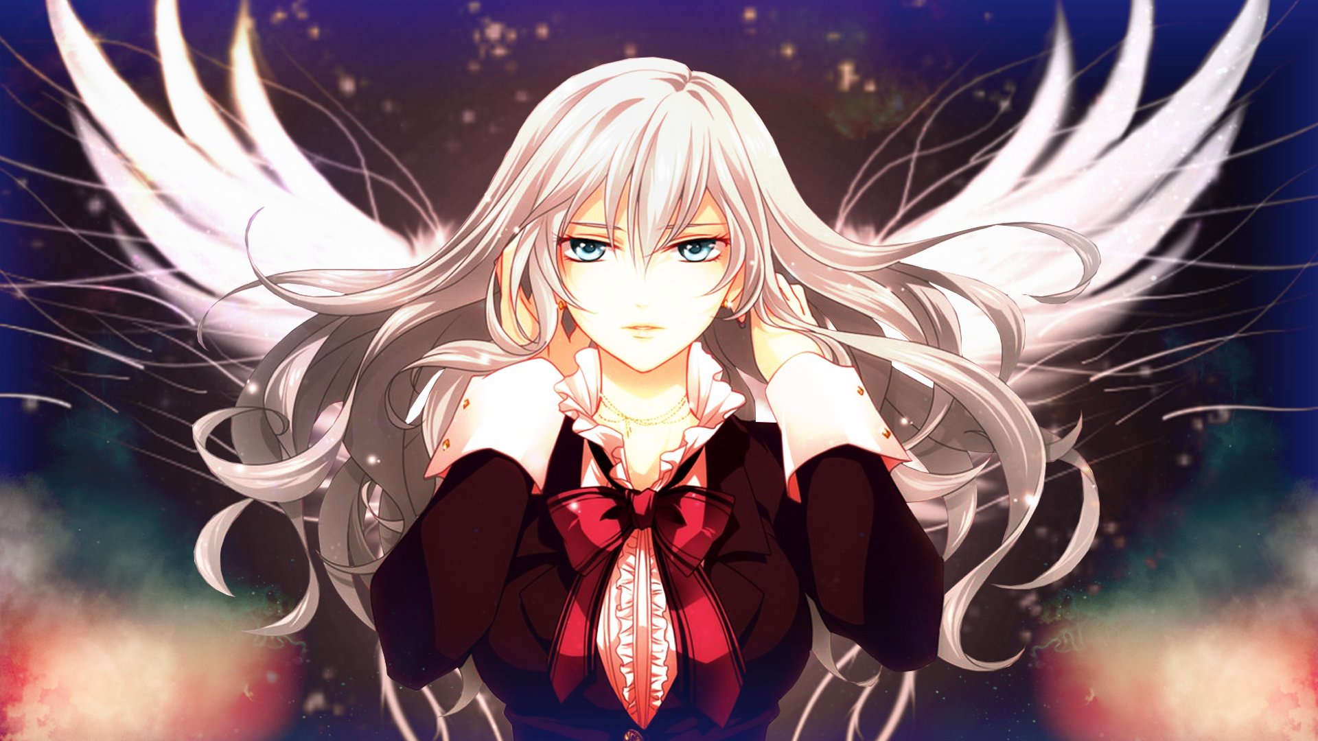 HD PC desktop wallpaper/background from the video game Valkyria Chronicles: white-haired, blue-eyed angelic character with outstretched wings, dark uniform and red ribbon bow against starry backdrop.