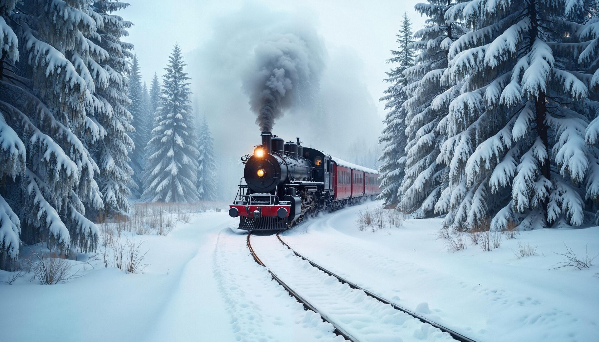 5K Ultra HD PC desktop wallpaper — steam train cutting through snow-laden pines, glowing headlight and plume of smoke as it rounds curved tracks.