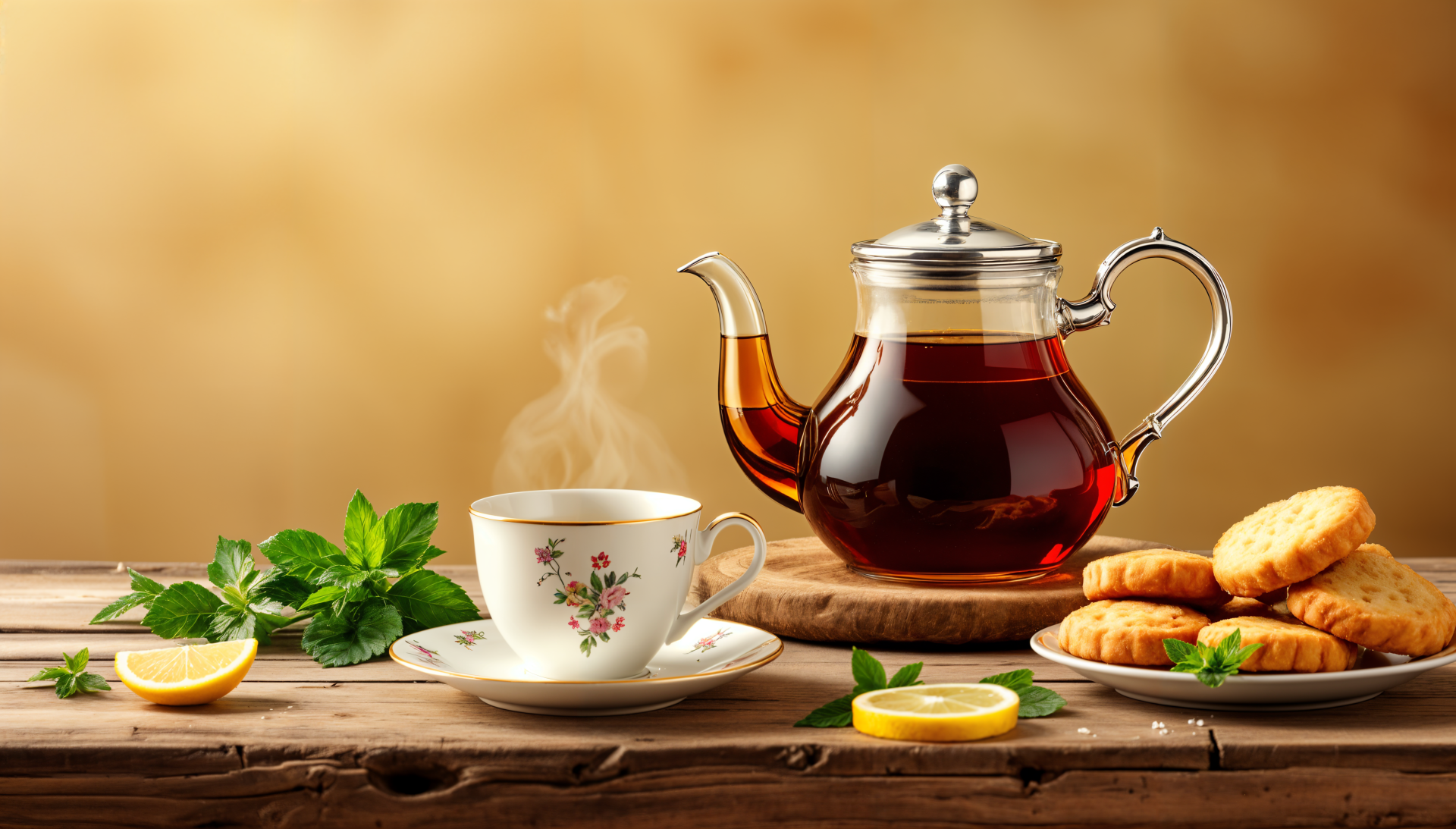 A cozy scene featuring a steaming cup of black tea, a stylish teapot, lemon slices, fresh mint, and crunchy cookies on a wooden table, set against a warm, blurred background in 4K Ultra HD.