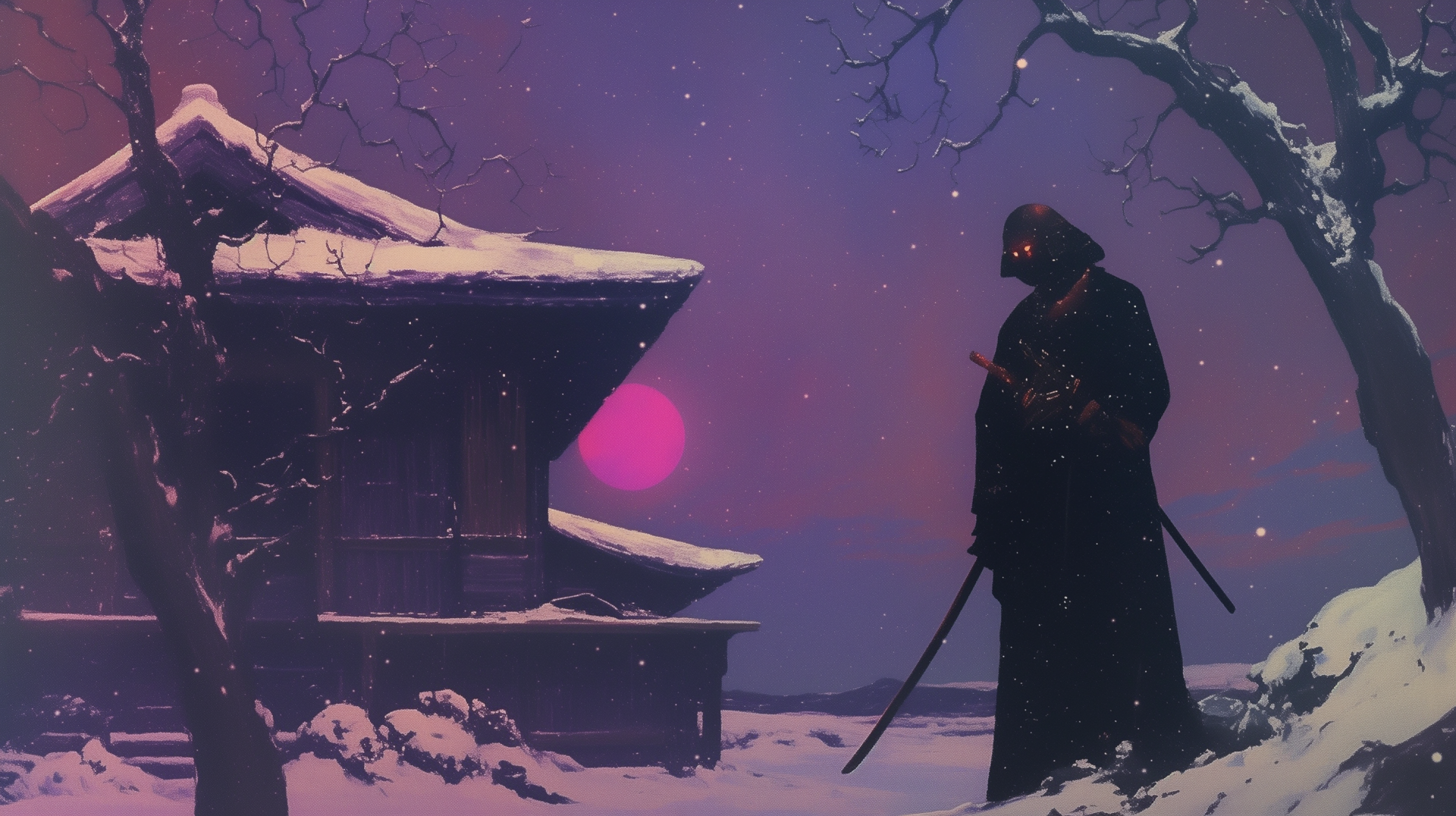 A retro anime-style samurai stands in a snowy landscape near a traditional Japanese building under a vibrant pink sunset in this HD PC desktop wallpaper.
