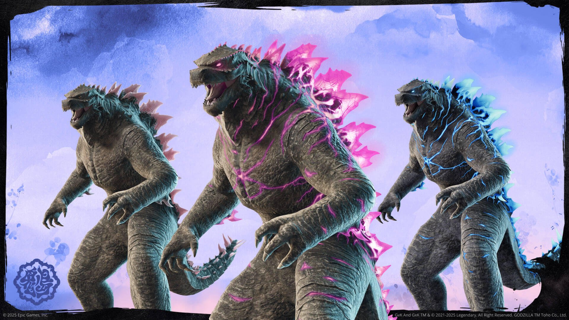 HD PC desktop wallpaper featuring three Godzilla creatures with glowing neon accents, inspired by Fortnite’s video game universe, set against a dramatic cloudy sky.