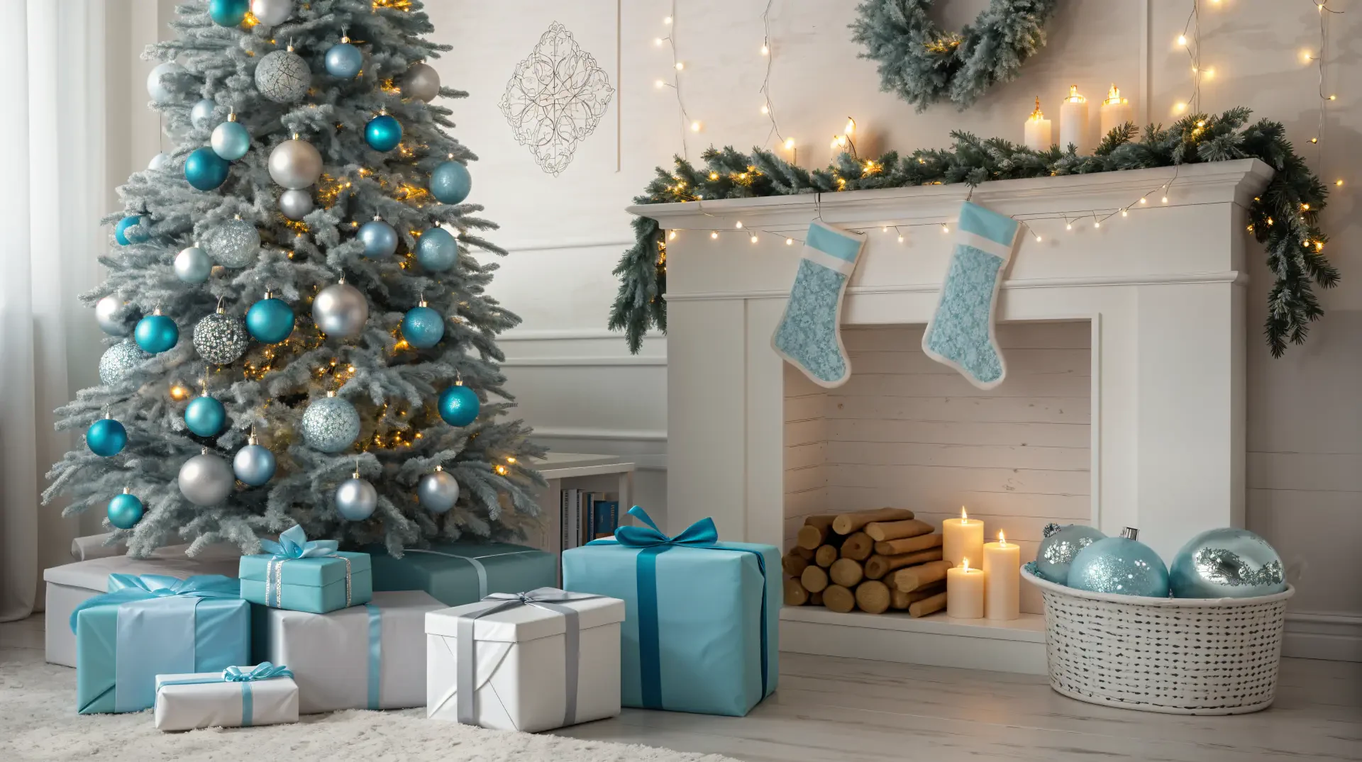 A cozy holiday scene featuring a decorated Christmas tree, wrapped gifts, a lit fireplace with candles, and stockings hung, all adorned with teal and silver accents. 4K Ultra HD wallpaper.