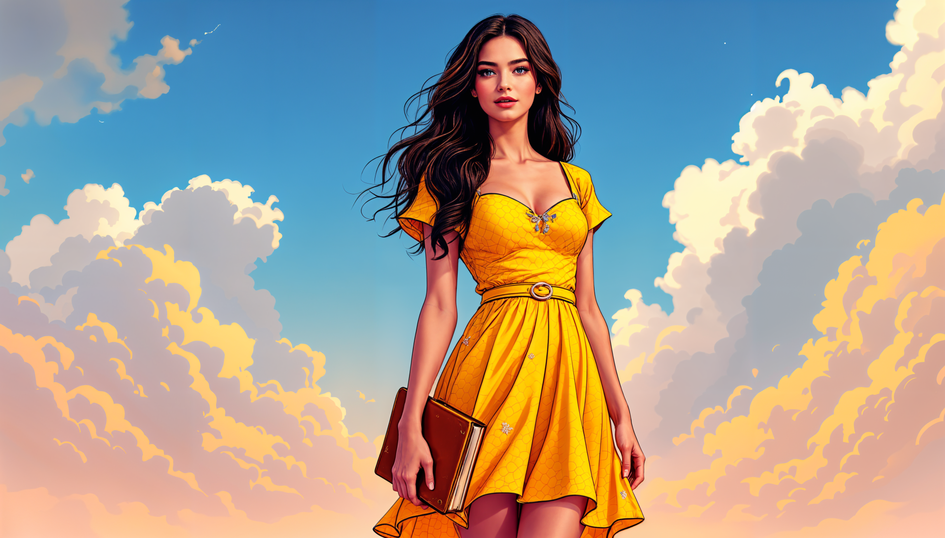 A woman in a vibrant yellow dress stands confidently against a backdrop of blue skies and fluffy clouds, captured in 4K Ultra HD for a stunning desktop wallpaper.