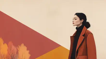 A woman in a stylish fall outfit stands against a backdrop of warm autumn colors, capturing the essence of fall fashion in a 4K Ultra HD wallpaper.