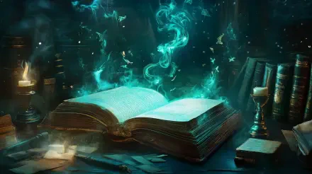 A captivating fantasy scene featuring a glowing spellbook surrounded by mystical smoke, candles, and scattered pages, set against a dark, enchanting background. Perfect 4K Ultra HD wallpaper.