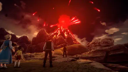 A dramatic scene from Romancing SaGa 2: Revenge of the Seven, depicting characters gazing at an erupting volcano against a striking HD landscape.