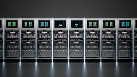 A sleek lineup of Tesla data center servers, showcasing advanced technology with illuminated screens, presented in a striking 4K Ultra HD format for a stunning desktop wallpaper.
