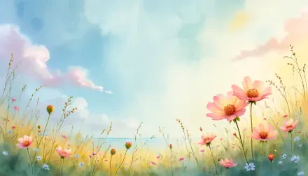 A soft aesthetic 4K Ultra HD desktop wallpaper featuring a serene landscape with delicate flowers and a pastel sky, bringing a tranquil vibe to any screen.