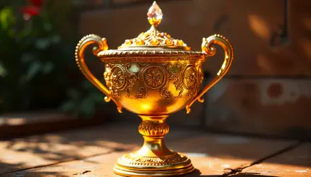 A shimmering gold trophy with intricate designs and a jewel on top, set against a warm, blurred background, showcasing its elegance in 4K Ultra HD resolution.