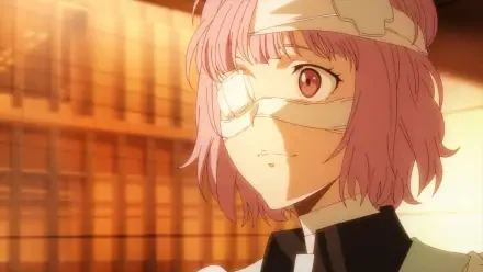 A character from Ron Kamonohashi's Forbidden Deductions with pink hair and an eye bandage gazes thoughtfully, set against a warm, illuminated background. HD desktop wallpaper.
