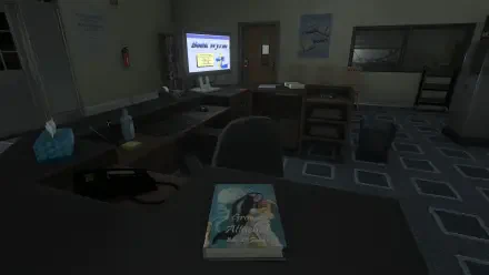 A desktop wallpaper featuring a dimly lit room with a TV displaying Amanda the Adventurer 2, a book on the table, and various objects creating an immersive video game atmosphere.
