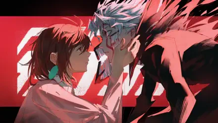HD anime desktop wallpaper featuring Dandadan characters Ken Takakura and Momo Ayase in a dramatic close-up scene with vivid red and dark tones.