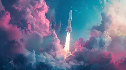 A stunning rocket launches through vibrant, colorful clouds against a starry sky, creating a captivating scene for a 4K Ultra HD PC desktop wallpaper and background.