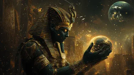 A majestic Egyptian Pharaoh holds a glowing orb amidst a backdrop of ancient pyramids and celestial elements, depicted in vibrant 4K Ultra HD quality.