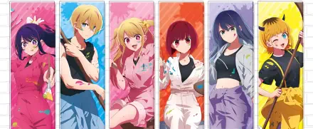 HD PC desktop wallpaper featuring vibrant anime characters from Oshi no Ko, each portrayed with distinct colors and dynamic expressions.