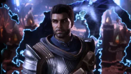 A detailed HD desktop wallpaper from the video game Dragon Age: The Veilguard, featuring a character in armor against a mystical backdrop surrounded by glowing energy.