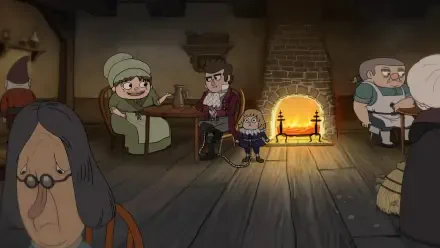 A scene from the TV show Over the Garden Wall, featuring characters in a cozy tavern setting with a warm fireplace, capturing the show's whimsical and inviting atmosphere.