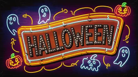A vibrant 4K Ultra HD Halloween neon sign featuring glowing ghosts, pumpkins, and festive decor in bright orange, green, and blue hues for a spooky PC desktop background.