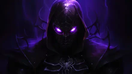 A striking comic-inspired image featuring a dark, menacing figure with glowing purple eyes and a spider emblem, designed as a 4K Ultra HD PC desktop wallpaper and background.