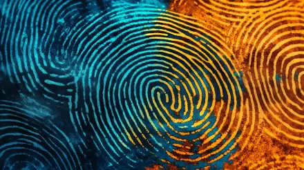 A vibrant 4K Ultra HD wallpaper featuring an abstract pattern of blue and orange fingerprint swirls, creating a dynamic and visually striking background.