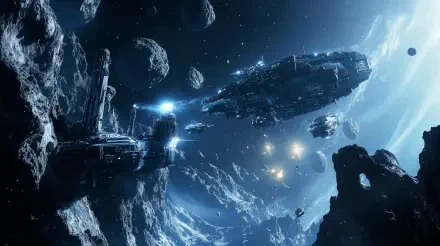 A stunning 4K Ultra HD image of a sci-fi asteroid mining colony, featuring futuristic ships and mining structures amidst a dramatic, starry backdrop.