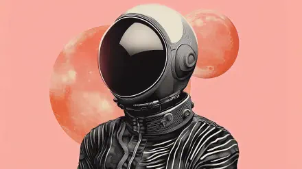 Aesthetic HD desktop wallpaper featuring an astronaut in a striped suit against a soft pink background with two celestial bodies, evoking a sense of wonder and exploration.