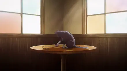 HD PC desktop wallpaper of a scene from Eighty Six, featuring a dark-furred rat sitting on a round wooden table in a softly lit room with large windows.