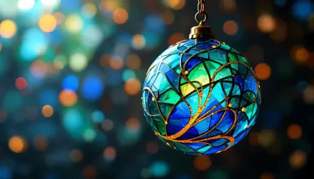 A vibrant stained glass ornament in rich blues and greens, suspended against a blurred background of shimmering bokeh lights, creates a stunning 4K Ultra HD desktop wallpaper.