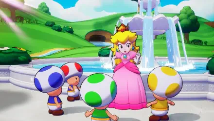 A vibrant HD wallpaper from the video game Mario & Luigi: Brothership, featuring Princess Peach interacting with colorful Toad characters in a picturesque setting.