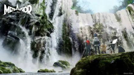 A captivating HD wallpaper featuring a picturesque waterfall scene from the video game Metaphor: ReFantazio, showcasing lush greenery and characters in an enchanting landscape.