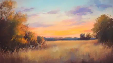 A serene landscape featuring soft pastel colors, depicting a golden field at sunset, complimented by trees and wispy clouds, designed as a 4K Ultra HD desktop wallpaper.