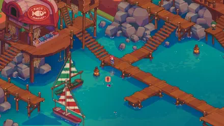 A vibrant HD wallpaper featuring a serene dock in Everholm, with wooden walkways, colorful boats, and crystal-clear water, inviting viewers into its charming atmosphere.