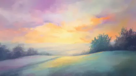 A soft pastel landscape featuring gentle hills and a colorful sky at sunset, creating a serene and artistic backdrop in 4K Ultra HD for PC desktop wallpaper.