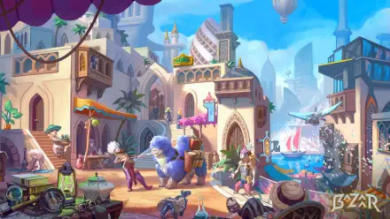 A vibrant bazaar scene from a video game, filled with colorful structures, bustling characters, and whimsical creatures, showcased in stunning 4K Ultra HD detail.