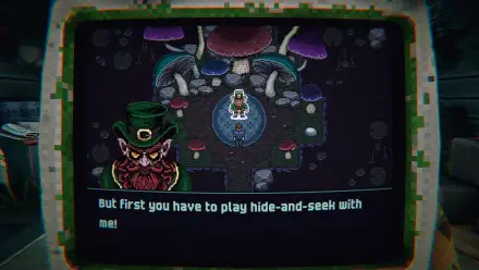 A vibrant HD desktop wallpaper from the game Is this Game Trying to Kill Me? featuring a whimsical character challenging players to a game of hide-and-seek amidst colorful mushrooms.