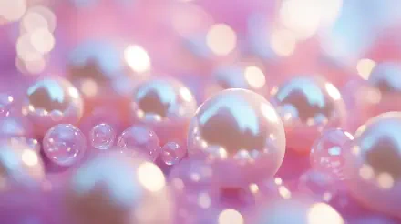 A close-up of lustrous pearls in soft pink hues, creating a dreamy and elegant pink aesthetic, presented as a vibrant 4K Ultra HD desktop wallpaper.