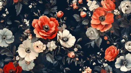 A vintage floral design featuring vibrant red and soft white flowers against a dark background, presented as a 4K Ultra HD desktop wallpaper.