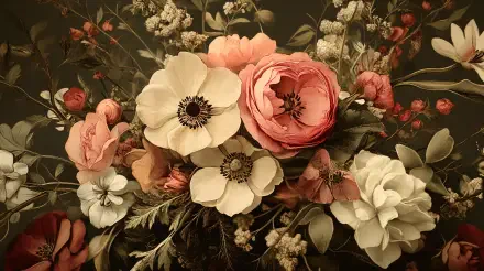 A vintage floral arrangement featuring anemones, roses, and delicate blooms in soft, muted tones, rendered in 4K Ultra HD for a PC desktop wallpaper.