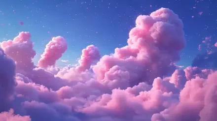 A breathtaking cotton candy sky filled with fluffy pink clouds, scattered stars, creating a serene and dreamy atmosphere. This 4K Ultra HD image serves as a stunning desktop wallpaper.