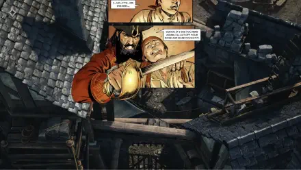 A dramatic scene from the video game Flint: Treasure of Oblivion, featuring a pirate threatening a character, set against an atmospheric HD wallpaper backdrop.