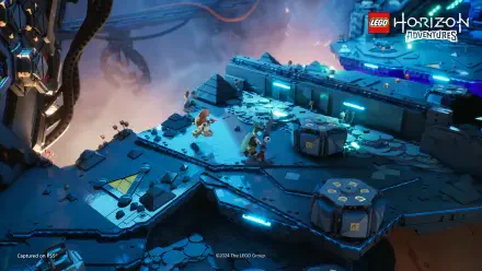 A vibrant scene from Lego Horizon Adventures, showcasing intricate environments and characters in a futuristic, high-definition backdrop with glowing elements.