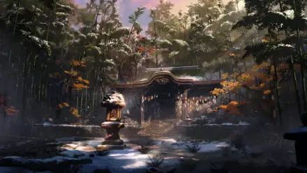8K Ultra HD PC wallpaper of a dilapidated temple surrounded by dense trees, inspired by Sekiro: Shadows Die Twice, with snow-dusted foliage under a muted sky.