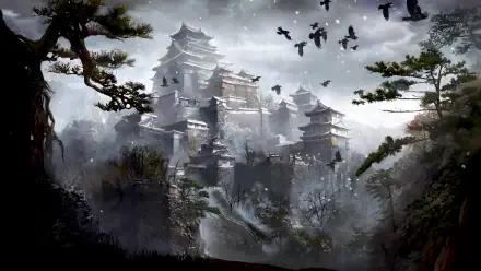 8K Ultra HD desktop wallpaper of a dilapidated Ashina castle temple from Sekiro: Shadows Die Twice, set in a misty, dark forest with birds flying overhead.