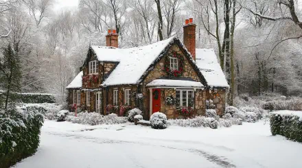 A cozy cottage nestled in a snowy landscape, adorned with winter decorations, creating a serene atmosphere. This enchanting image serves as a stunning 4K Ultra HD desktop wallpaper.