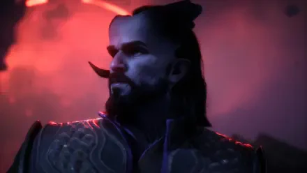 A striking HD wallpaper from the video game Dragon Age: The Veilguard, featuring a character with a dramatic expression set against a moody red and purple background.